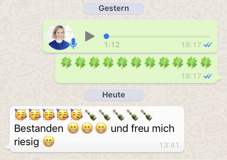 Examen bestanden Whatsappnachricht Testimonial