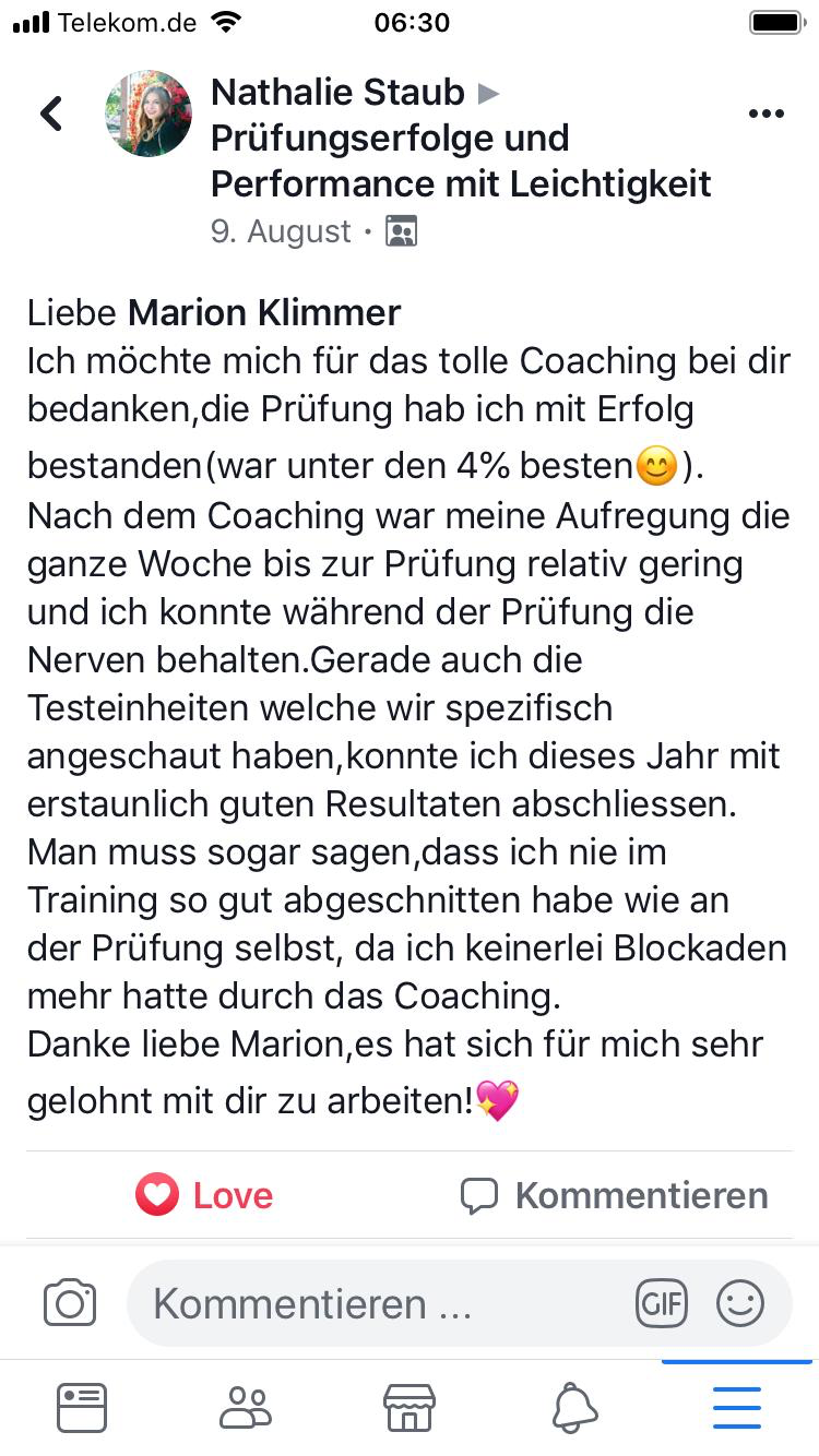 Kundenstimmen von Nathalie zum Examenscoaching